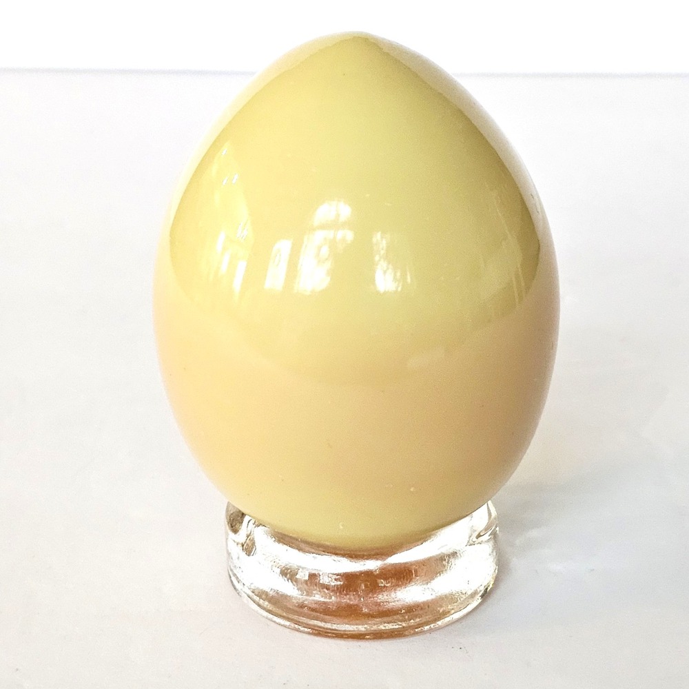 Vintage Art Glass Egg Pale Yellow Custard Glass on Clear Pedestal Base Decor
